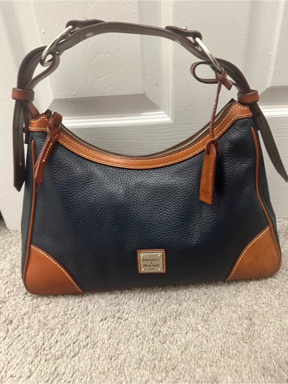 Dooney & Bourke Navy Pebble Leather Hobo with Tan Trim